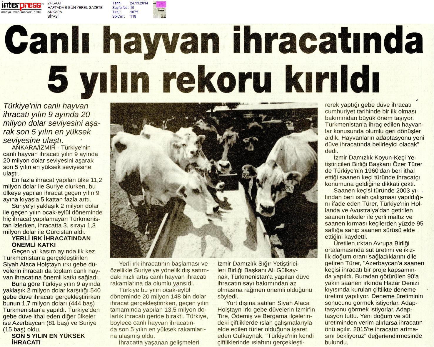 Canlı Hayvan İhracatında 5 Yılın Rekoru Kırıldı-24 Saat Gazetesi