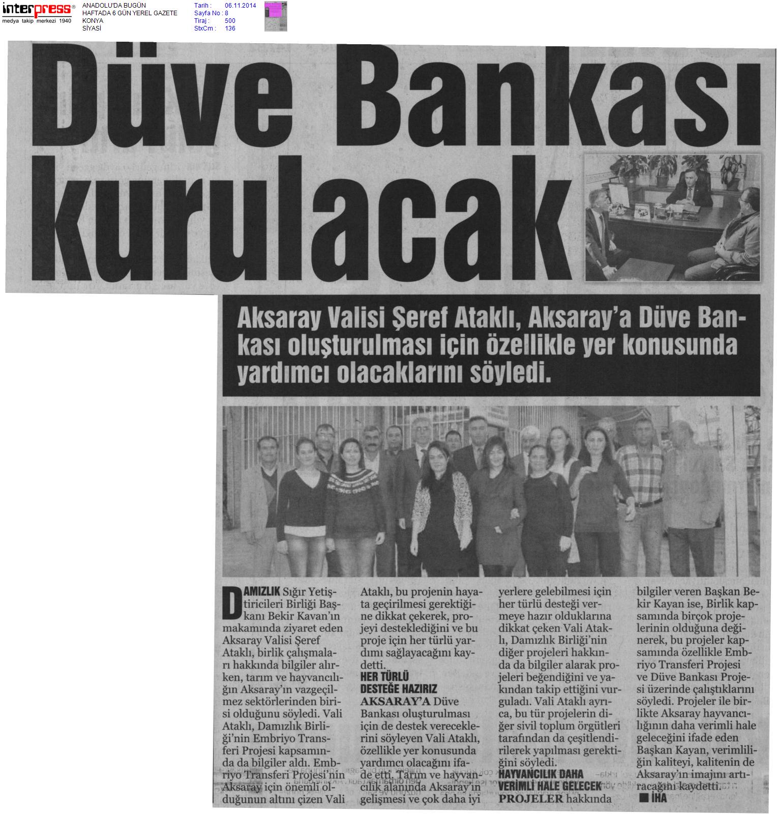 Düve Bankası Kurulacak-Anadolu`da Bugün Gazetesi..